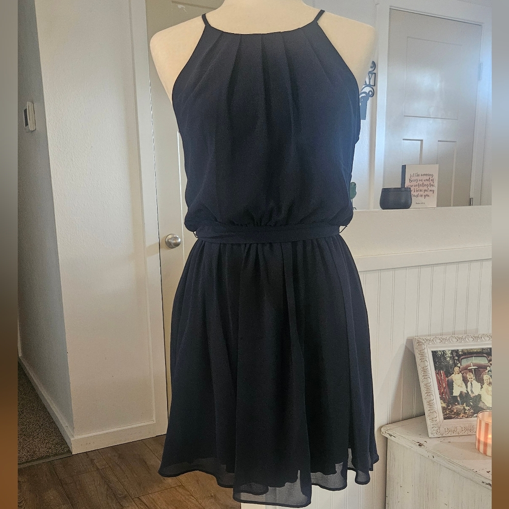 Worn Once - I.N. SAN FRANSISCO - Navy Blue Sheer Lined Dress Tie Waist - Size M